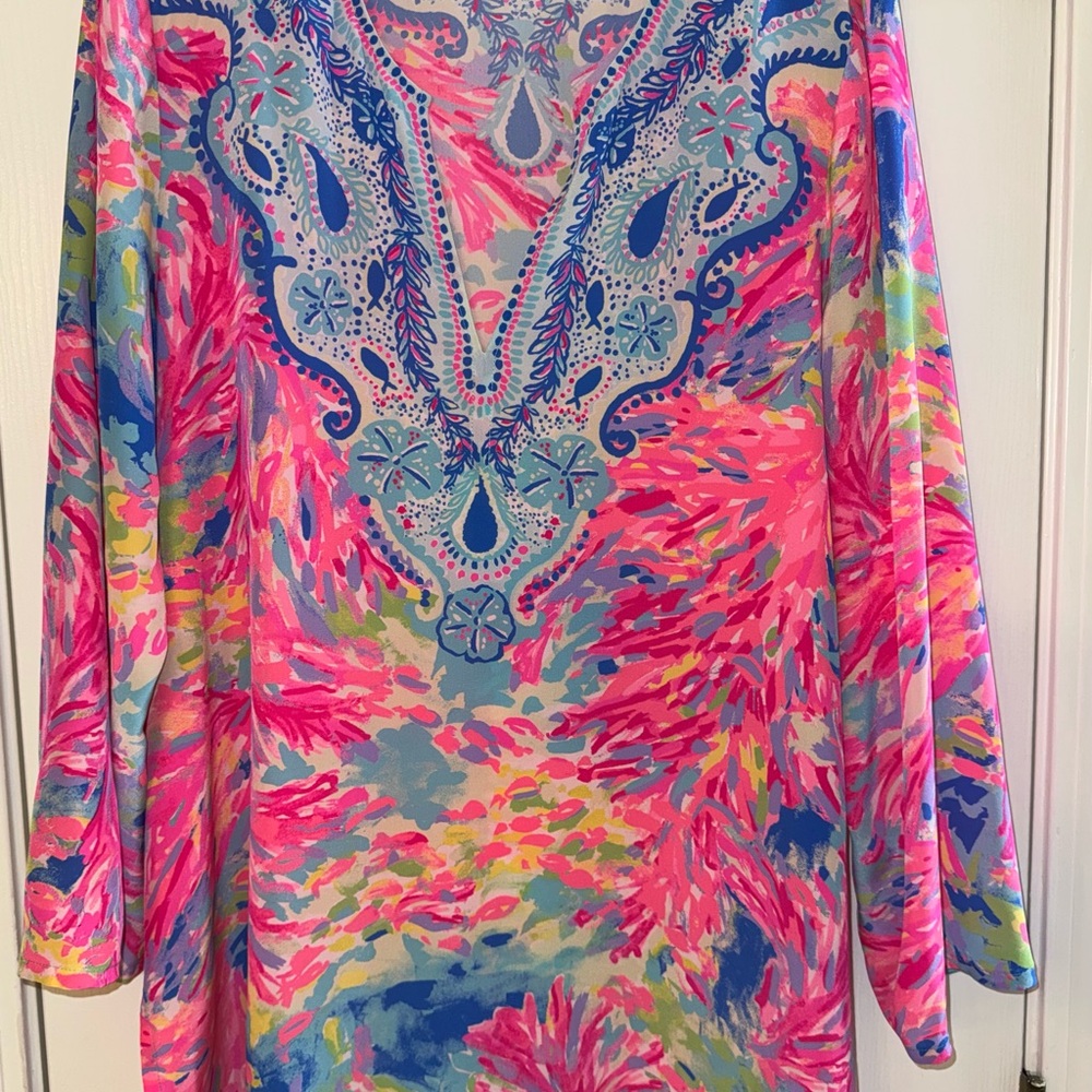 EUC Lilly Pulitzer Renato Dinner Tunic, PALM BEACH CORAL, Size Large, 100% Silk